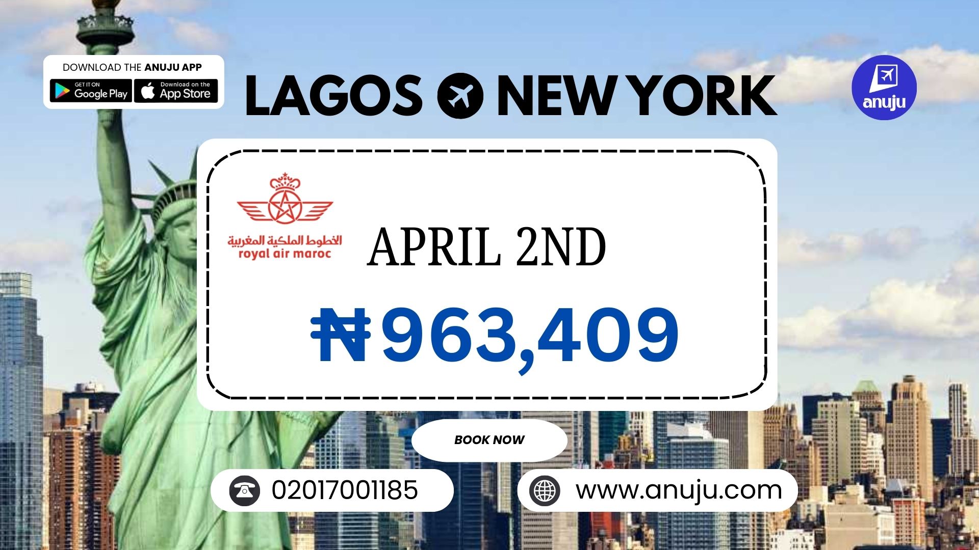 Lagos to New York on April 2nd: Fly for ₦963,409 with Anuju